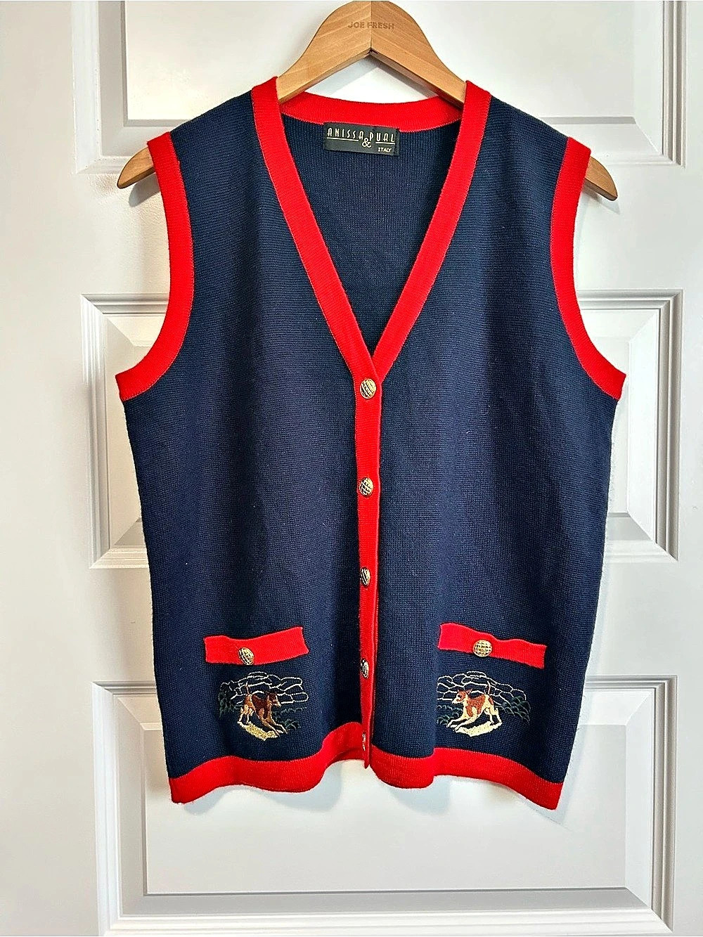 Vintage Blue & Red Wool Blend Button Front Sweater Vest Holiday Christmas